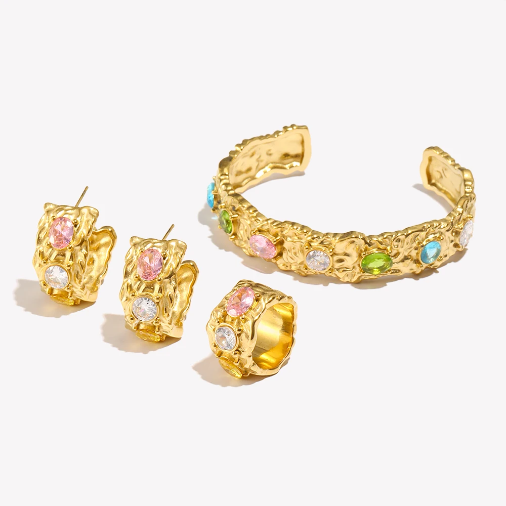 E.B.belle Cast Irregular Colorful Rhinestone Bracelet Earring Ring Jewelry Set 18k Gold Plated Stainless Steel For Women Charm
E.B.belle Cast Irregular Colorful Rhinestone Bracelet Earring Ring Jewelry Set 18k Gold Plated Stainless Steel For Women Charm