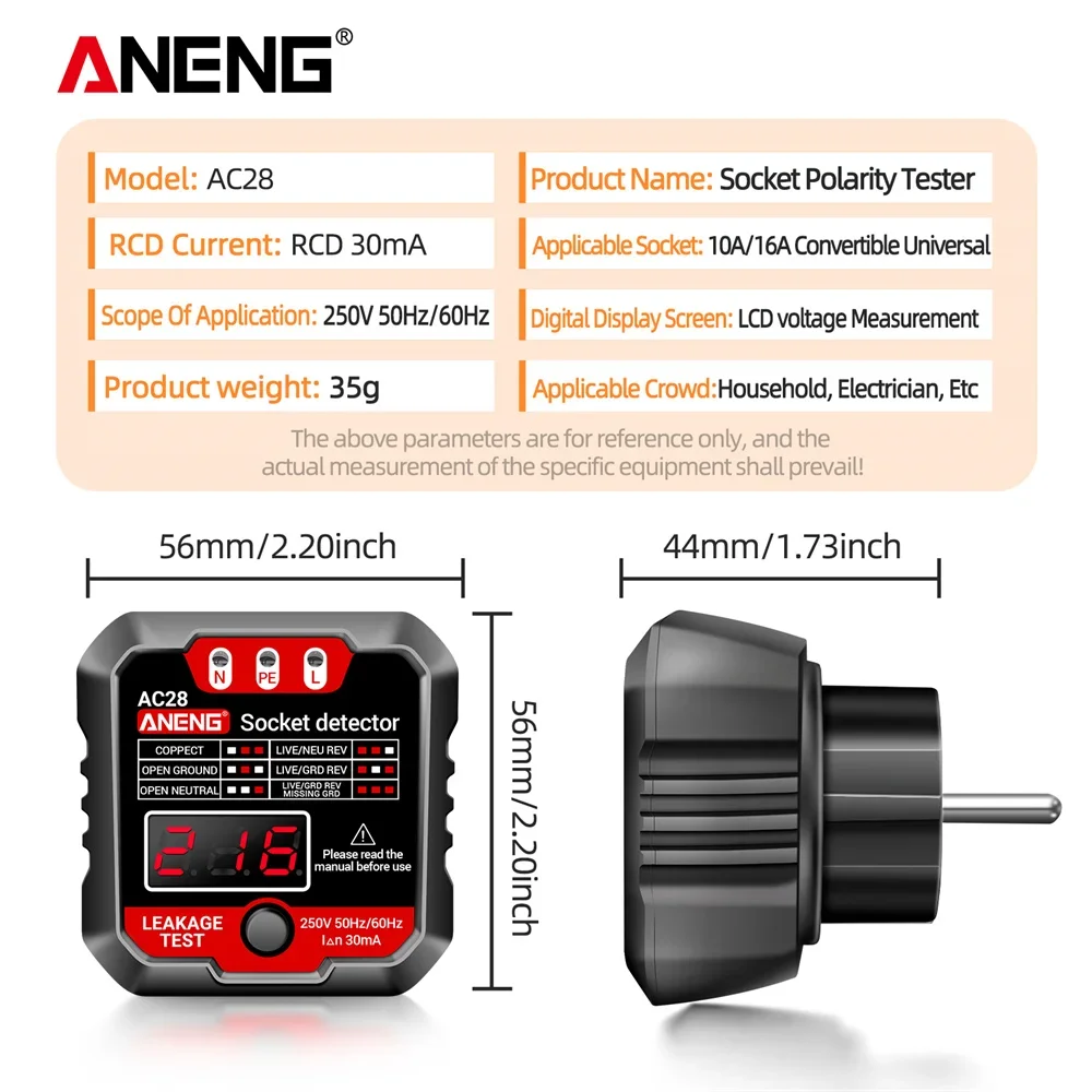 ANENG AC28 Digital Socket Power Tester 50Hz/60Hz Socket Polarity Detector Voltage Tester Circuit Breaker Finder EU/US Plug
ANENG AC28 Digital Socket Power Tester 50Hz/60Hz Socket Polarity Detector Voltage Tester Circuit Breaker Finder EU/US Plug