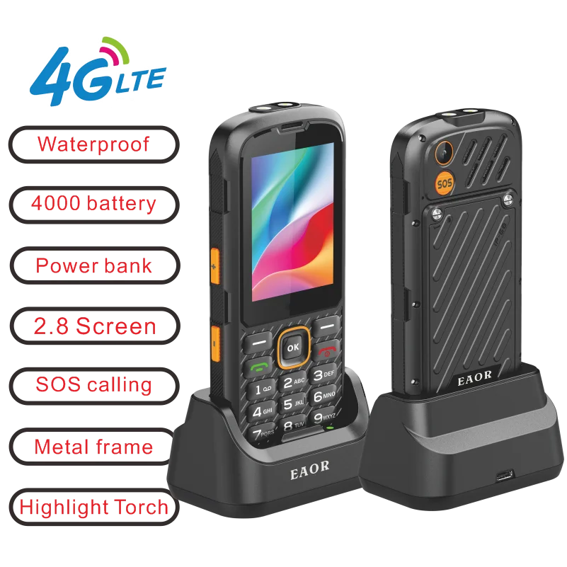 EAOR Charging Dock 4G Feature Keypad Waterproof IP68 Volume side key 3000mAh power bank WiFi hotspot SOS One Click Dialing phone
EAOR Charging Dock 4G Feature Keypad Waterproof IP68 Volume side key 3000mAh power bank WiFi hotspot SOS One Click Dialing phone
