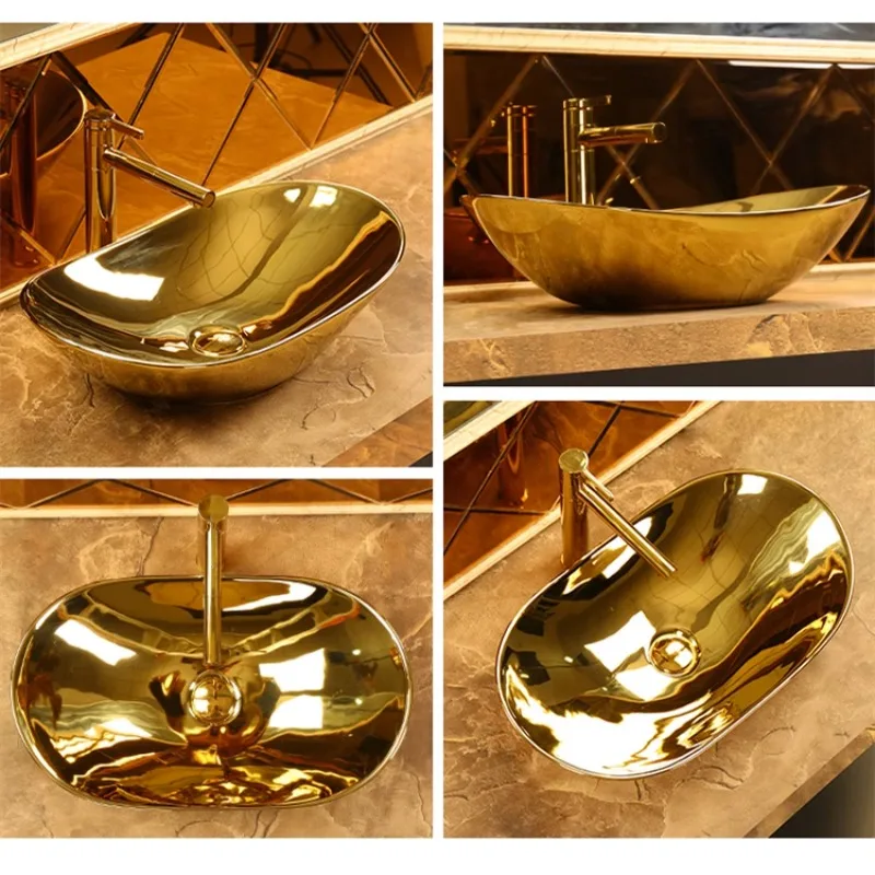 Customized European style golden tabletop basin, oval shaped ceramic ingot art basin, hotel villa, KTV color washbasin
Customized European style golden tabletop basin, oval shaped ceramic ingot art basin, hotel villa, KTV color washbasin