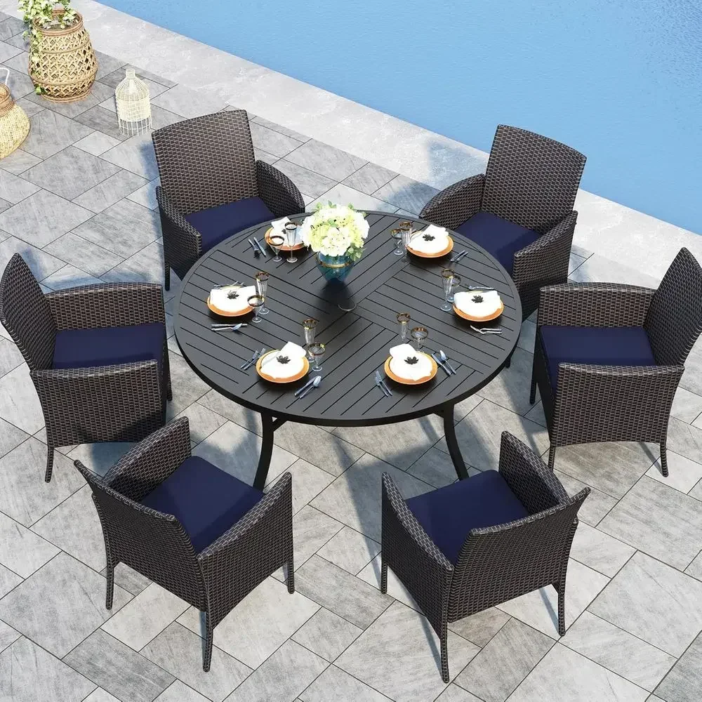 7-Piece Round Outdoor Dining Set with Metal Table and Rattan Chairs, Weather-Resistant with Umbrella Hole
7-Piece Round Outdoor Dining Set with Metal Table and Rattan Chairs, Weather-Resistant with Umbrella Hole