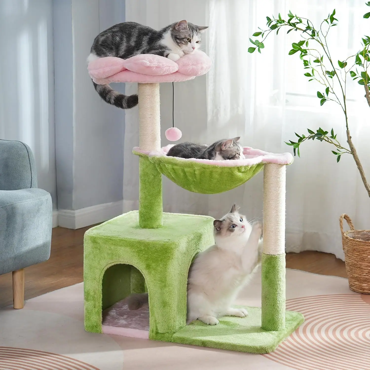 Cat Tree 34" Scratching Post with 15.7" Hammock, Removable Top Bed & Wide Condo for Large Cats - Pink/Green
Cat Tree 34" Scratching Post with 15.7" Hammock, Removable Top Bed & Wide Condo for Large Cats - Pink/Green