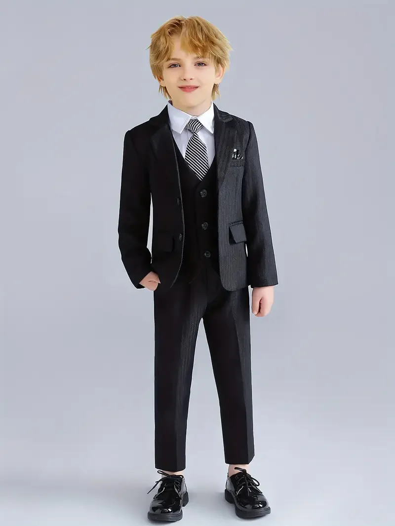 Kids Jacket Vest Pants Tie 4Pieces/Set Formal Wedding Birthday Suit Boys Piano Host Performance Costume Children's Blazer Set
Kids Jacket Vest Pants Tie 4Pieces/Set Formal Wedding Birthday Suit Boys Piano Host Performance Costume Children's Blazer Set