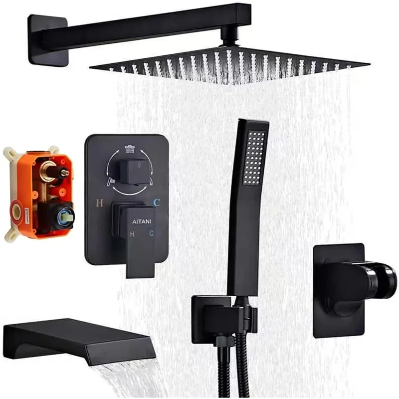 Shower Faucet Set Complete, System Black with 10 inch Square Rainfall Head 3-Function Handheld Waterfall Ba
Shower Faucet Set Complete, System Black with 10 inch Square Rainfall Head 3-Function Handheld Waterfall Ba