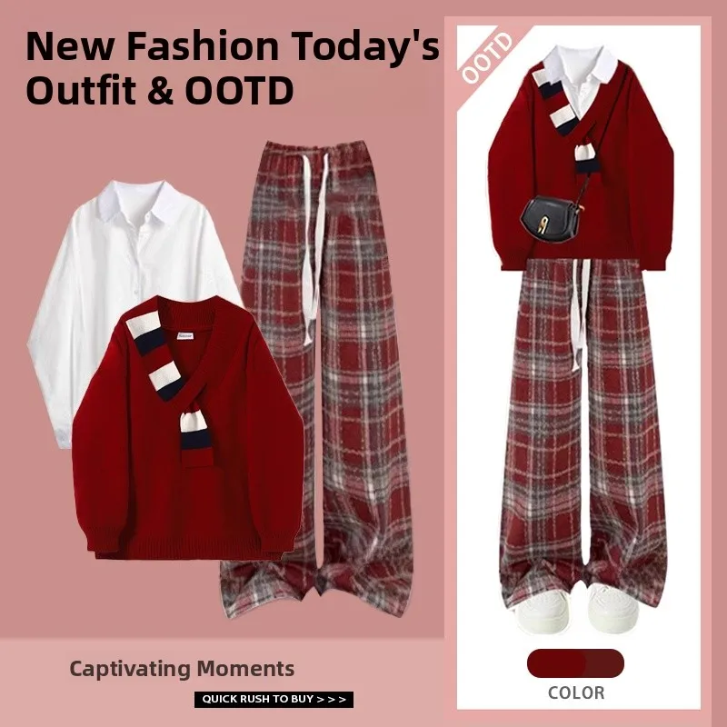 Red Sweater Base Shirt Casual Pants Three Piece Set Women's Fashion Autumn Winter Wear New Year Design Knitted Wear Outfit
Red Sweater Base Shirt Casual Pants Three Piece Set Women's Fashion Autumn Winter Wear New Year Design Knitted Wear Outfit