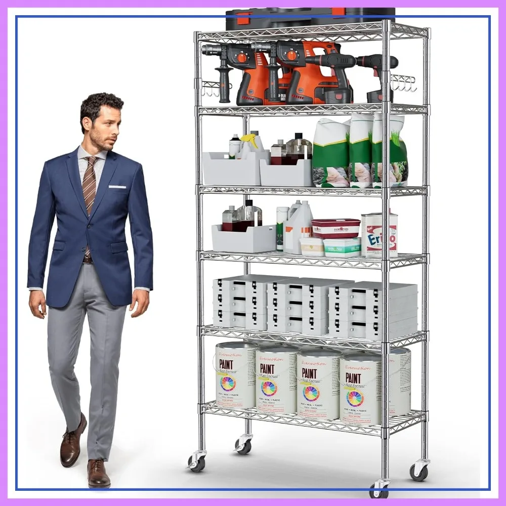 Heavy Duty 6-Tier Rolling Shelving Unit, 6000Lbs Capacity with Wheels & Hooks, Adjustable Wire Rack for Garage, Kitchen, Pantry
Heavy Duty 6-Tier Rolling Shelving Unit, 6000Lbs Capacity with Wheels & Hooks, Adjustable Wire Rack for Garage, Kitchen, Pantry