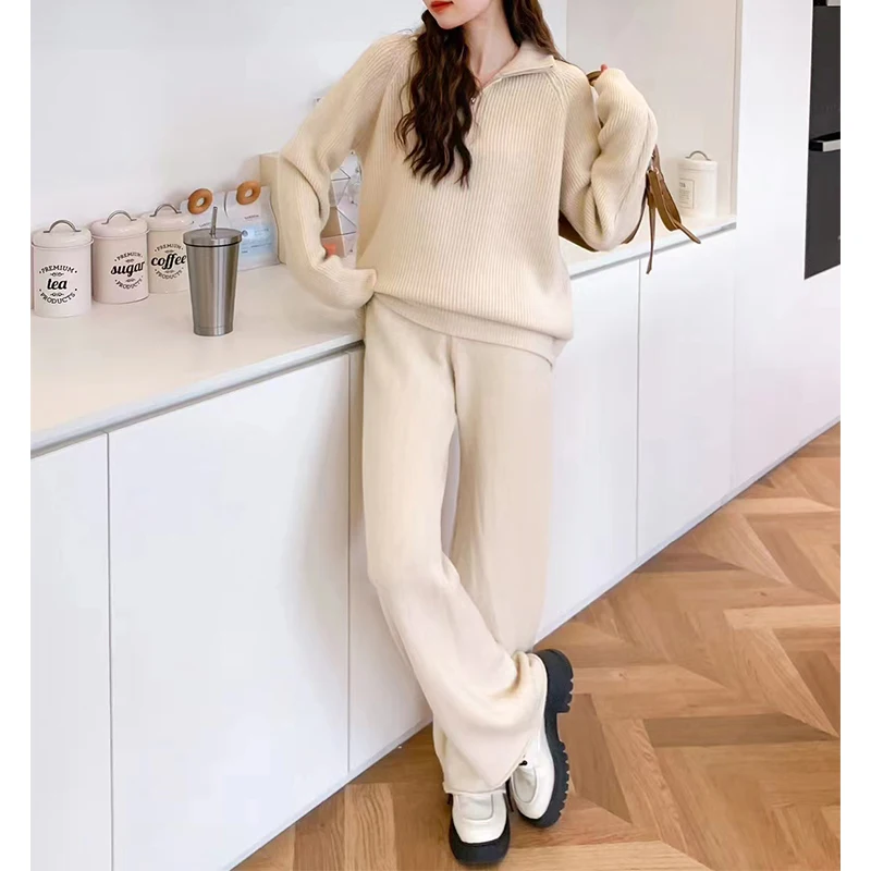 2023 Autumn Winter Knitted Tracksuit Two Piece Set Casual Women Zipper Stand Collar Thick Loose Sweater +Wide Leg Pants Suits
2023 Autumn Winter Knitted Tracksuit Two Piece Set Casual Women Zipper Stand Collar Thick Loose Sweater +Wide Leg Pants Suits