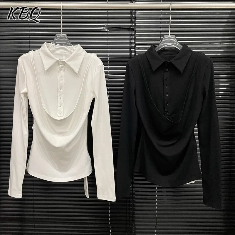 KBQ Solid Spliced Button Fake Two Pieces T Shirt For Women Lapel Long Sleeve Slimming Tunic Design Sense Tops Fashion Style New
KBQ Solid Spliced Button Fake Two Pieces T Shirt For Women Lapel Long Sleeve Slimming Tunic Design Sense Tops Fashion Style New