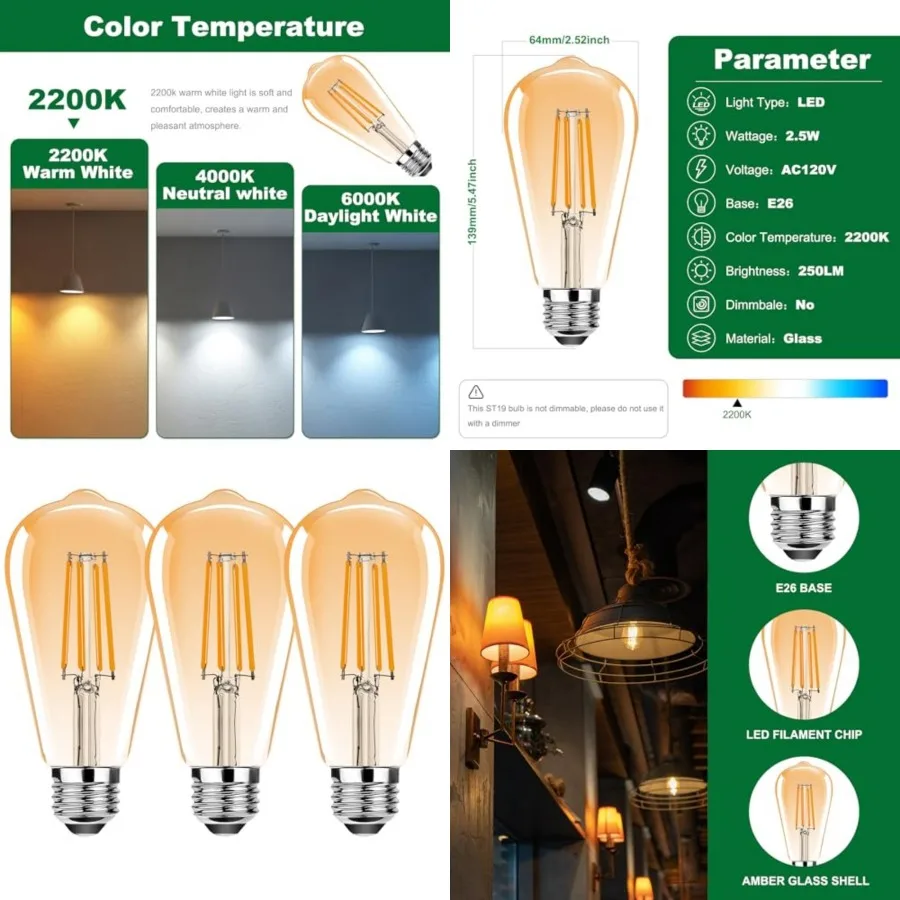 ST19 Vintage LED Edison Light Bulbs, E26 Led Bulb 25W Equivalent, Vintage LED Filament Bulbs, 2.5W Warm White 2200K, 250LM, Gla
ST19 Vintage LED Edison Light Bulbs, E26 Led Bulb 25W Equivalent, Vintage LED Filament Bulbs, 2.5W Warm White 2200K, 250LM, Gla
