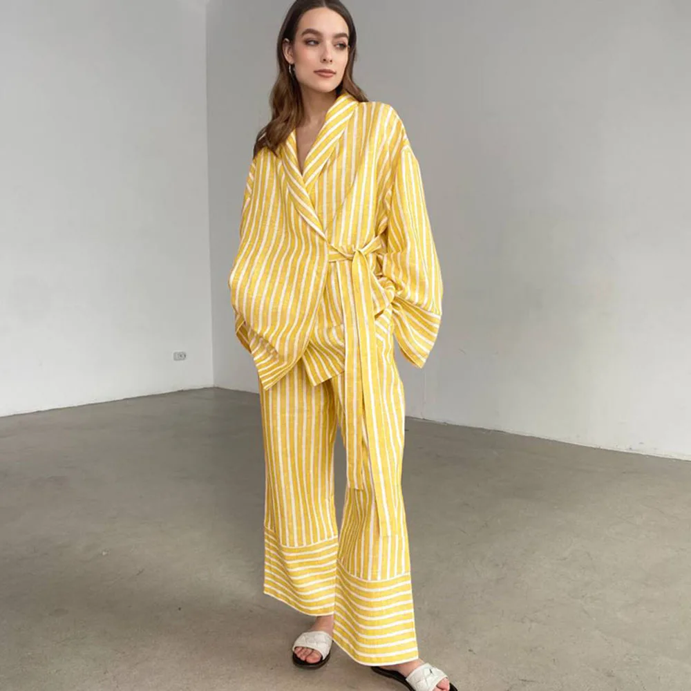 Casual Yellow Stripe Home Suits Elegant High Waist Wide Pants Set Fashion Long Sleeve Shirts Two Piece Pajamas Set Women Outfit
Casual Yellow Stripe Home Suits Elegant High Waist Wide Pants Set Fashion Long Sleeve Shirts Two Piece Pajamas Set Women Outfit