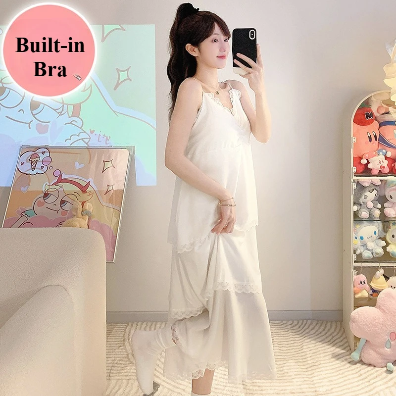 Plus Size Summer Long Nightgown Lace Trim Korean Women Sling Pajamas Dress Built-in Bra Loose Home Sleepwear Can Wear Outside
Plus Size Summer Long Nightgown Lace Trim Korean Women Sling Pajamas Dress Built-in Bra Loose Home Sleepwear Can Wear Outside