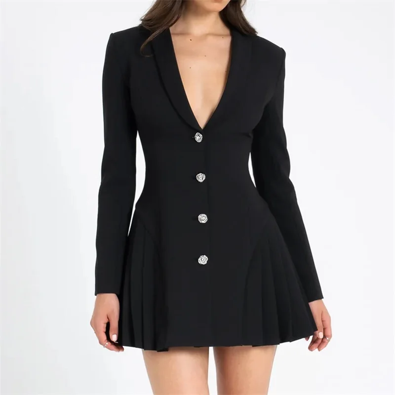Deep-V Neck With Zipper Women's Prom Dress Pleated High Waist Long Sleeve Party Gown Black Sheath Slim Short Mini New Arrival
Deep-V Neck With Zipper Women's Prom Dress Pleated High Waist Long Sleeve Party Gown Black Sheath Slim Short Mini New Arrival
