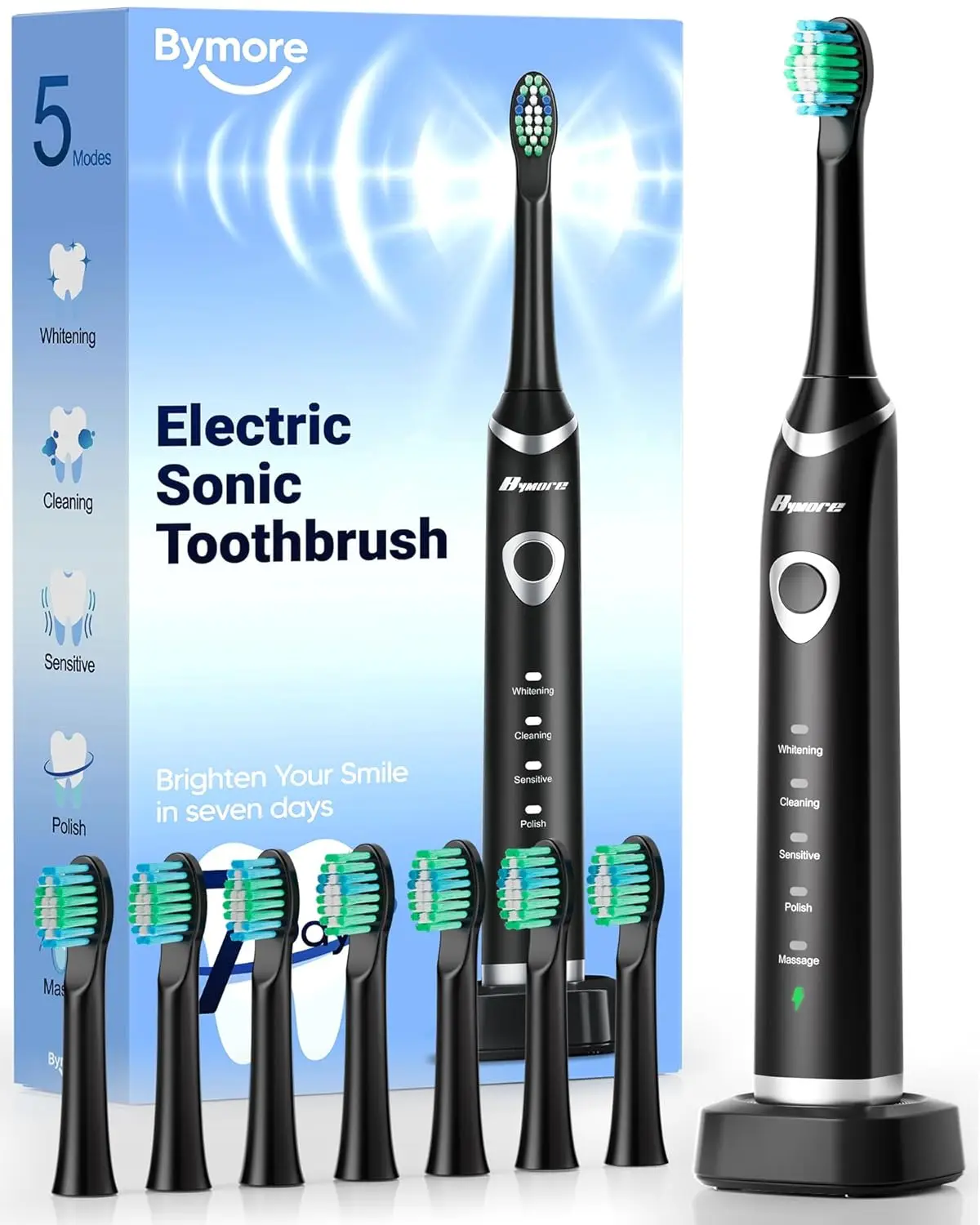 Sonic Rechargeable Toothbrush for Adults, 8 Brush Heads, 330-Day Battery, 5 Modes, 2-Min Timer, IPX7, Black
Sonic Rechargeable Toothbrush for Adults, 8 Brush Heads, 330-Day Battery, 5 Modes, 2-Min Timer, IPX7, Black