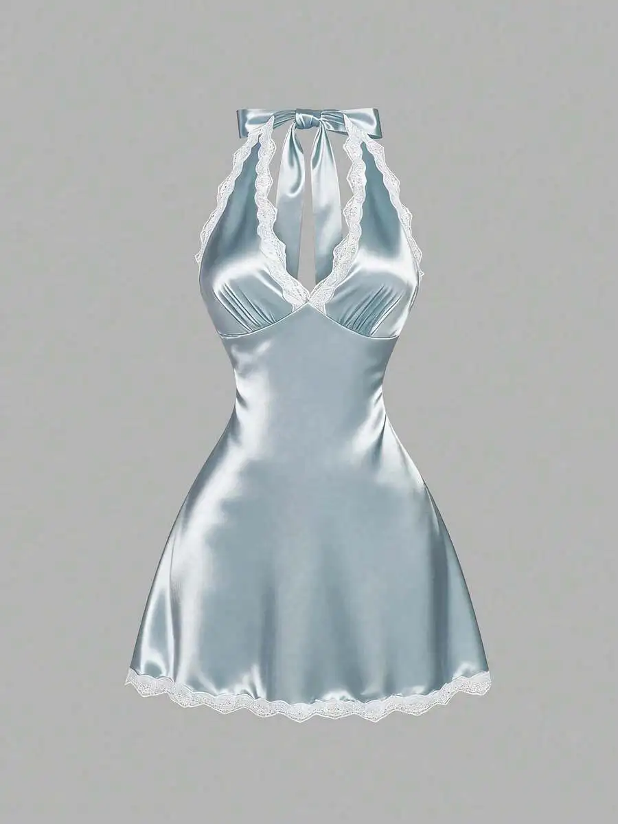 Satin Halter Neck Deep V-Neck Lace Mini Dress A-Line Backless For Vacation
Satin Halter Neck Deep V-Neck Lace Mini Dress A-Line Backless For Vacation