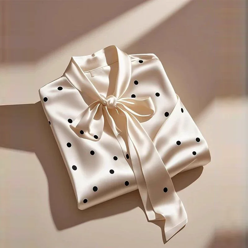 Elegant French Women High Quality Satin Polka Dot Print Shirt Office Lady Casual Chic Blouse Lace-up Bow Long Sleeve Loose Tops
Elegant French Women High Quality Satin Polka Dot Print Shirt Office Lady Casual Chic Blouse Lace-up Bow Long Sleeve Loose Tops