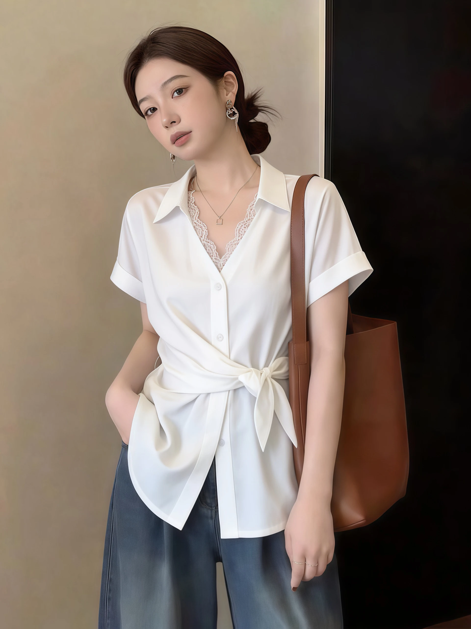 Chic Lace Trim V-Neck Short Sleeve Shirt Women's Summer New plus Size Tie Waist Top Korean Style Loose Fit Commute Fashion
Chic Lace Trim V-Neck Short Sleeve Shirt Women's Summer New plus Size Tie Waist Top Korean Style Loose Fit Commute Fashion