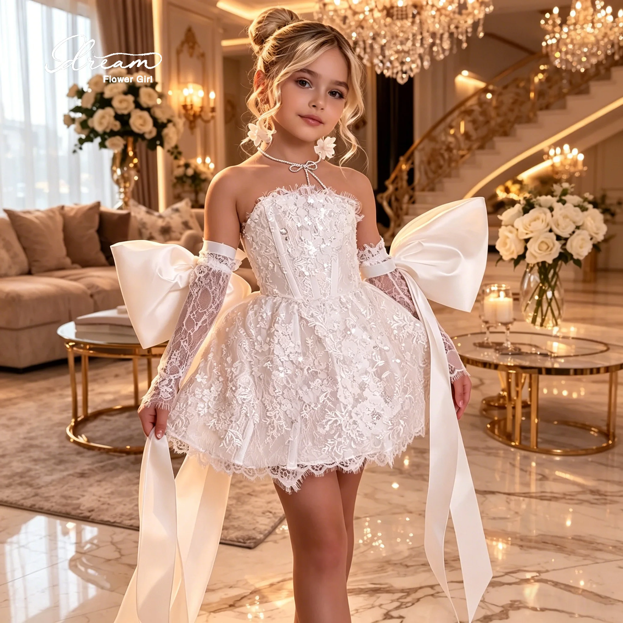 Gorgeous sleeveless plunging round-neck lace big bow party dress with fishbone detailing
Gorgeous sleeveless plunging round-neck lace big bow party dress with fishbone detailing