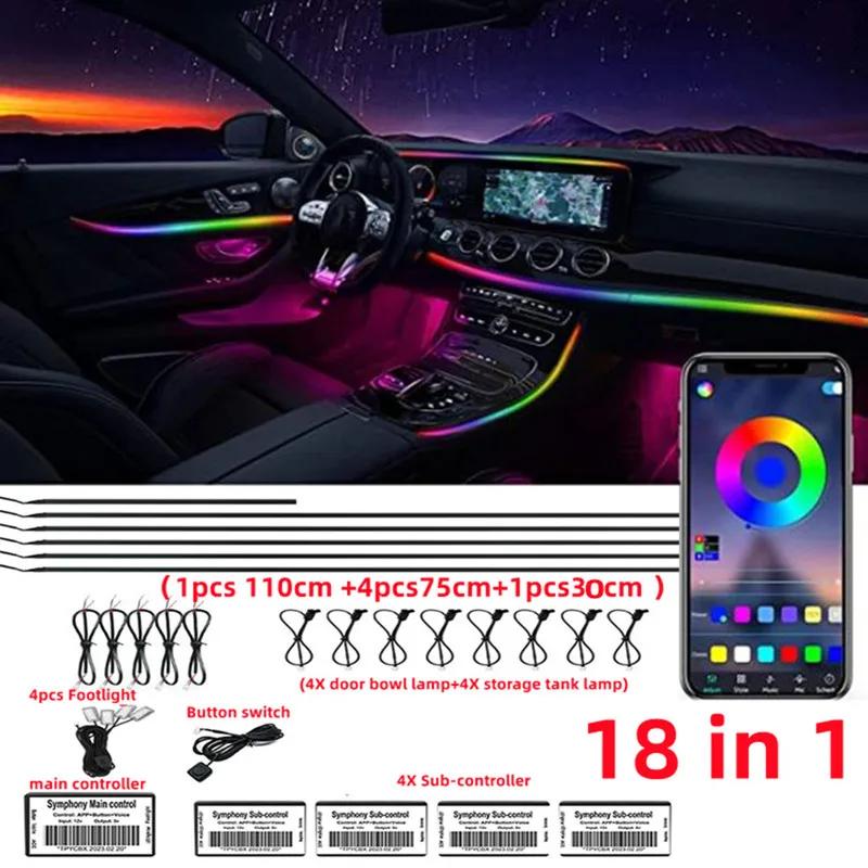 18 in 1 14 in 1 64 Color RGB Symphony Car Atmosphere Interior LED Acrylic Guide Fiber Optic Universal Decoration Ambient Lights
18 in 1 14 in 1 64 Color RGB Symphony Car Atmosphere Interior LED Acrylic Guide Fiber Optic Universal Decoration Ambient Lights