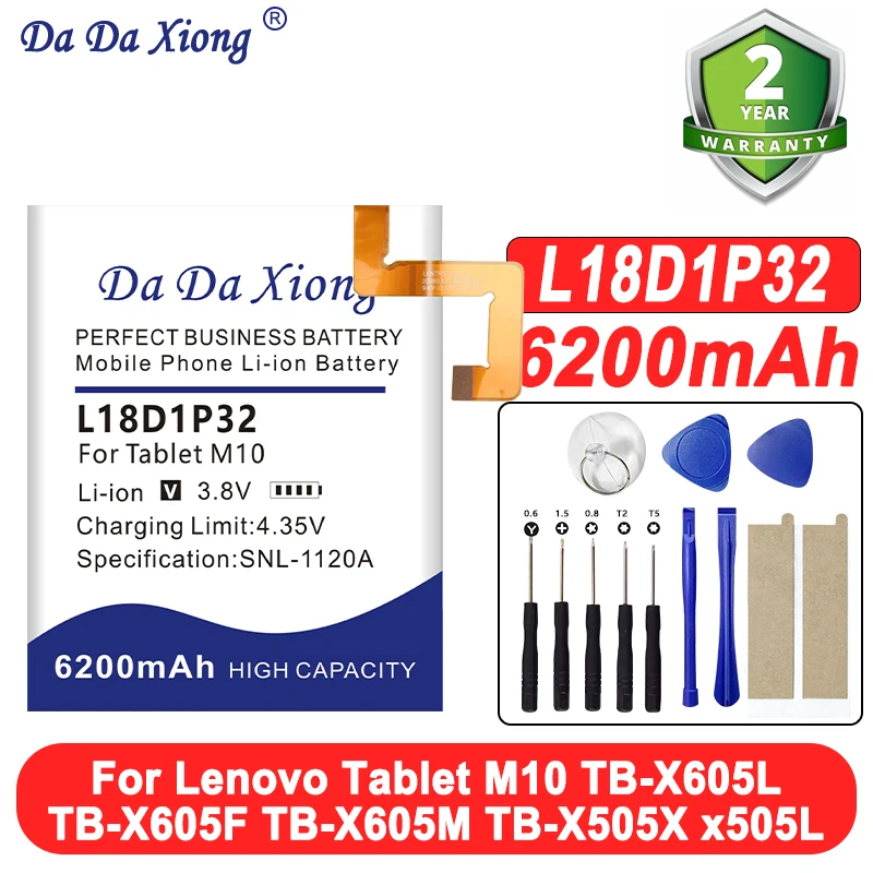 6200mAh L18D1P32 Replacement Battery For Lenovo Tablet M10 TB-X605L TB-X605F TB-X605M TB-X505X x505L Tab Bateria + Tools
6200mAh L18D1P32 Replacement Battery For Lenovo Tablet M10 TB-X605L TB-X605F TB-X605M TB-X505X x505L Tab Bateria + Tools