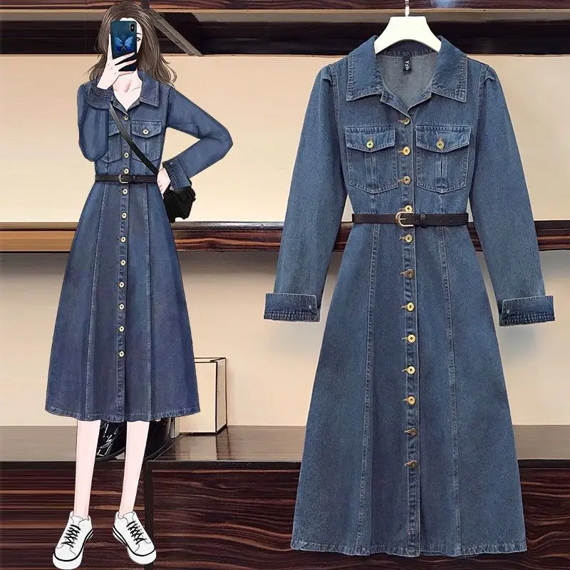 Autumn Denim Dress Women Turn-down Collar Single-breasted Long-sleeved Jean Dresses Casual Fashion Blue A-line Long Skirt
Autumn Denim Dress Women Turn-down Collar Single-breasted Long-sleeved Jean Dresses Casual Fashion Blue A-line Long Skirt