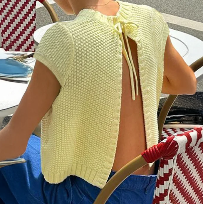 Round Neck Short Sleeve Clothing Top Sexy Vacation Strap Backless Solid Color Woolen Short Sleeved Top T-Shirt for Women
Round Neck Short Sleeve Clothing Top Sexy Vacation Strap Backless Solid Color Woolen Short Sleeved Top T-Shirt for Women