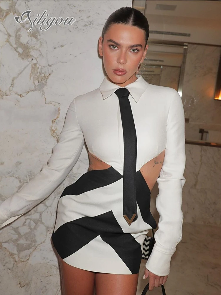 Ailigou 2023 Women's Sexy Long Sleeve Black and White Contrast Hollow Mini Tight Bandage Dress Elegant Evening Club Party Dress
Ailigou 2023 Women's Sexy Long Sleeve Black and White Contrast Hollow Mini Tight Bandage Dress Elegant Evening Club Party Dress