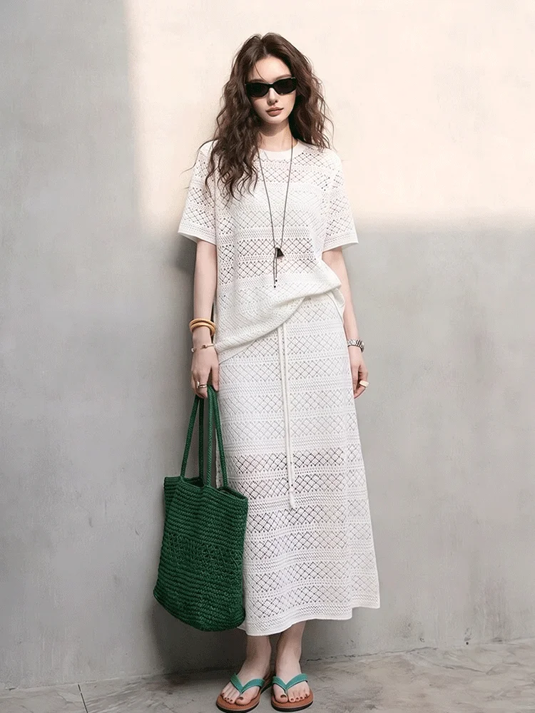 2026 Summer New Hollow out Short Sleeve Women's Set with Drawstring Half Length Skirt Elegant Casual Fashion Breathable
2026 Summer New Hollow out Short Sleeve Women's Set with Drawstring Half Length Skirt Elegant Casual Fashion Breathable