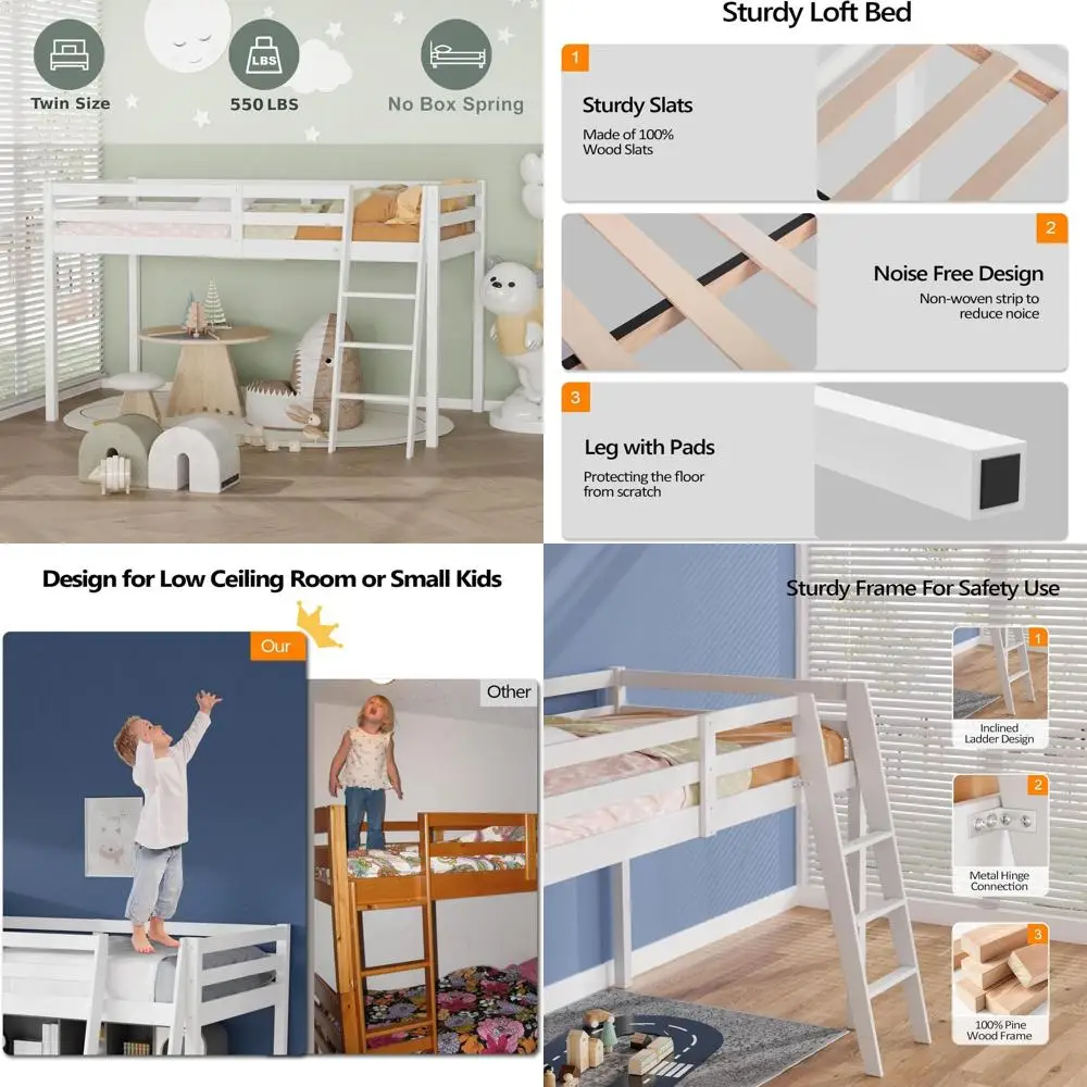 Twin Size Low Loft Bed with Stairs, High Guard Rail, White Solid Wood, No Box Spring Needed
Twin Size Low Loft Bed with Stairs, High Guard Rail, White Solid Wood, No Box Spring Needed