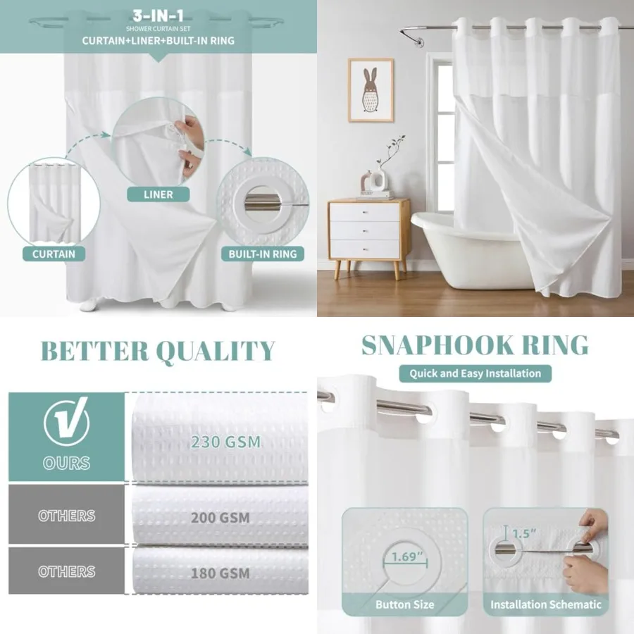 Long No Hook Waffle Weave Shower Curtain with snap-in Liner Replacement, 230GSM Waterproof Fabric Hotel Shower Curtain Set for
Long No Hook Waffle Weave Shower Curtain with snap-in Liner Replacement, 230GSM Waterproof Fabric Hotel Shower Curtain Set for