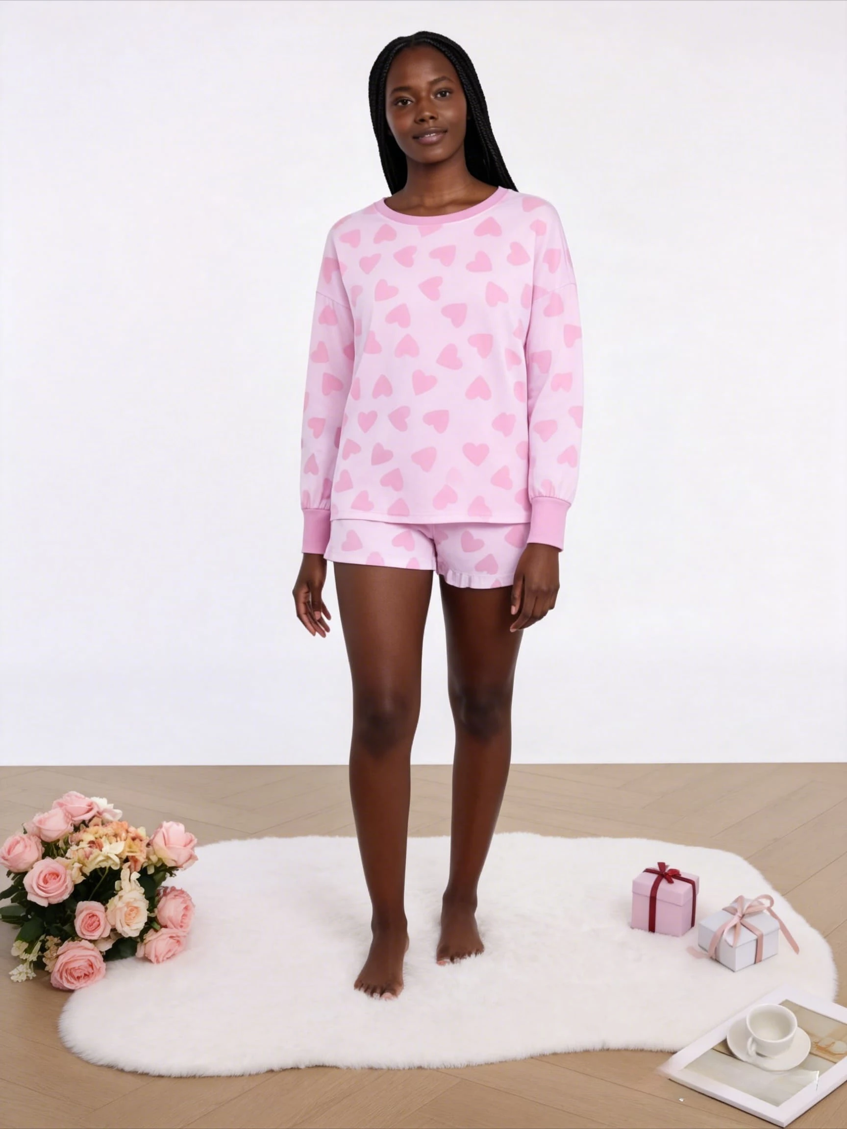 Sweet Long Sleeve Sleepwear Set for Women Fall Homewear Outfit with Heart Print
Sweet Long Sleeve Sleepwear Set for Women Fall Homewear Outfit with Heart Print