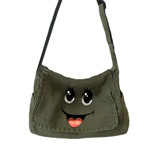 Women's Canvas Shoulder Bag Playful Smiley Face Crossbody Bag For Women Multiple Pockets Retro Messenger Bag