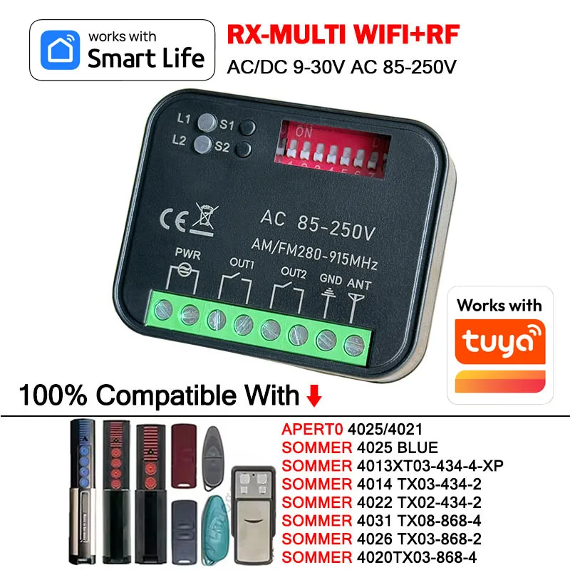 Work With Tuya WiFi RX-MULTI Receiver for SOMMER 4020 TX03-868-4 4013 TX03-434-4 4031 TX08-868-4 4026 4011 Gate Remote Control