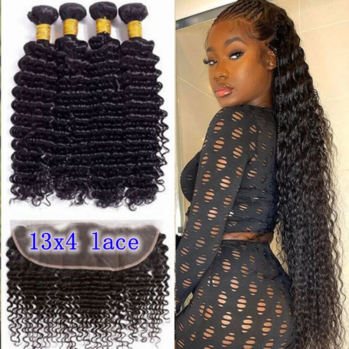 36 38 40 Inches Peruvian Deep Wave Bundles with 13x4 Lace Frontal 1 3 4 Bundles Curly Remy Human Hair Extension for Black Women
36 38 40 Inches Peruvian Deep Wave Bundles with 13x4 Lace Frontal 1 3 4 Bundles Curly Remy Human Hair Extension for Black Women