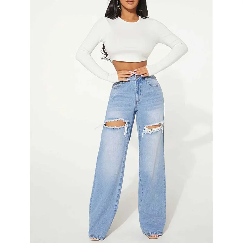 Lady Fashion Blue Ripped Jeans Hot Sale Women Loose Straight Leg Denim Pants Girls Casual High Waist Thin Trousers
Lady Fashion Blue Ripped Jeans Hot Sale Women Loose Straight Leg Denim Pants Girls Casual High Waist Thin Trousers