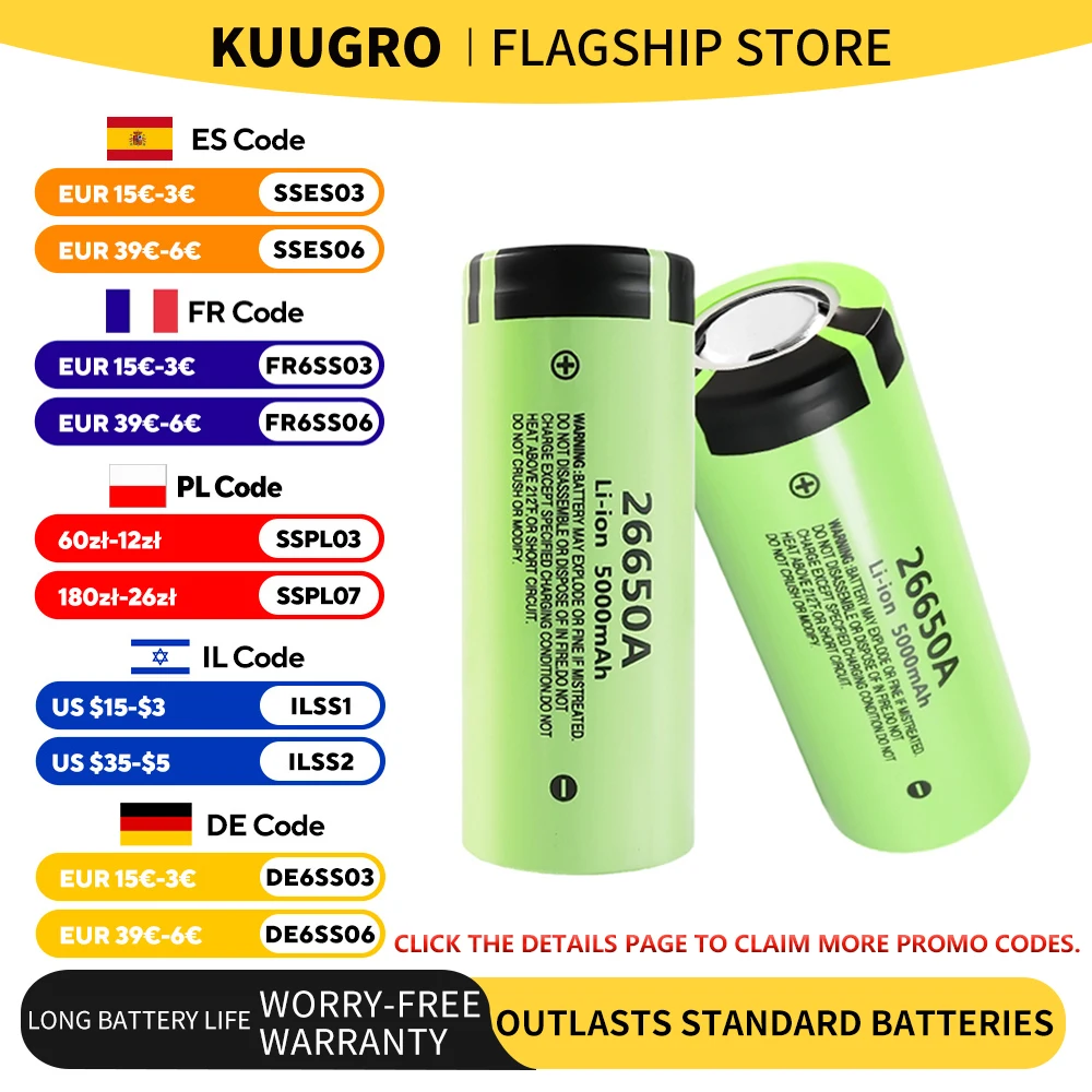 Kuugro Original high quality 26650 battery 5000mAh 3.7V 50A lithium ion rechargeable battery for 26650A LED flashlight+charger
Kuugro Original high quality 26650 battery 5000mAh 3.7V 50A lithium ion rechargeable battery for 26650A LED flashlight+charger