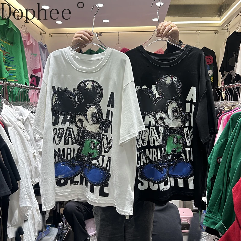 Fashion Sequins Mickey Embroidery Women Cotton T-shirt Spring Summer Mid-long Pullover Top All-match Round Neck Short Sleeve Tee
Fashion Sequins Mickey Embroidery Women Cotton T-shirt Spring Summer Mid-long Pullover Top All-match Round Neck Short Sleeve Tee
