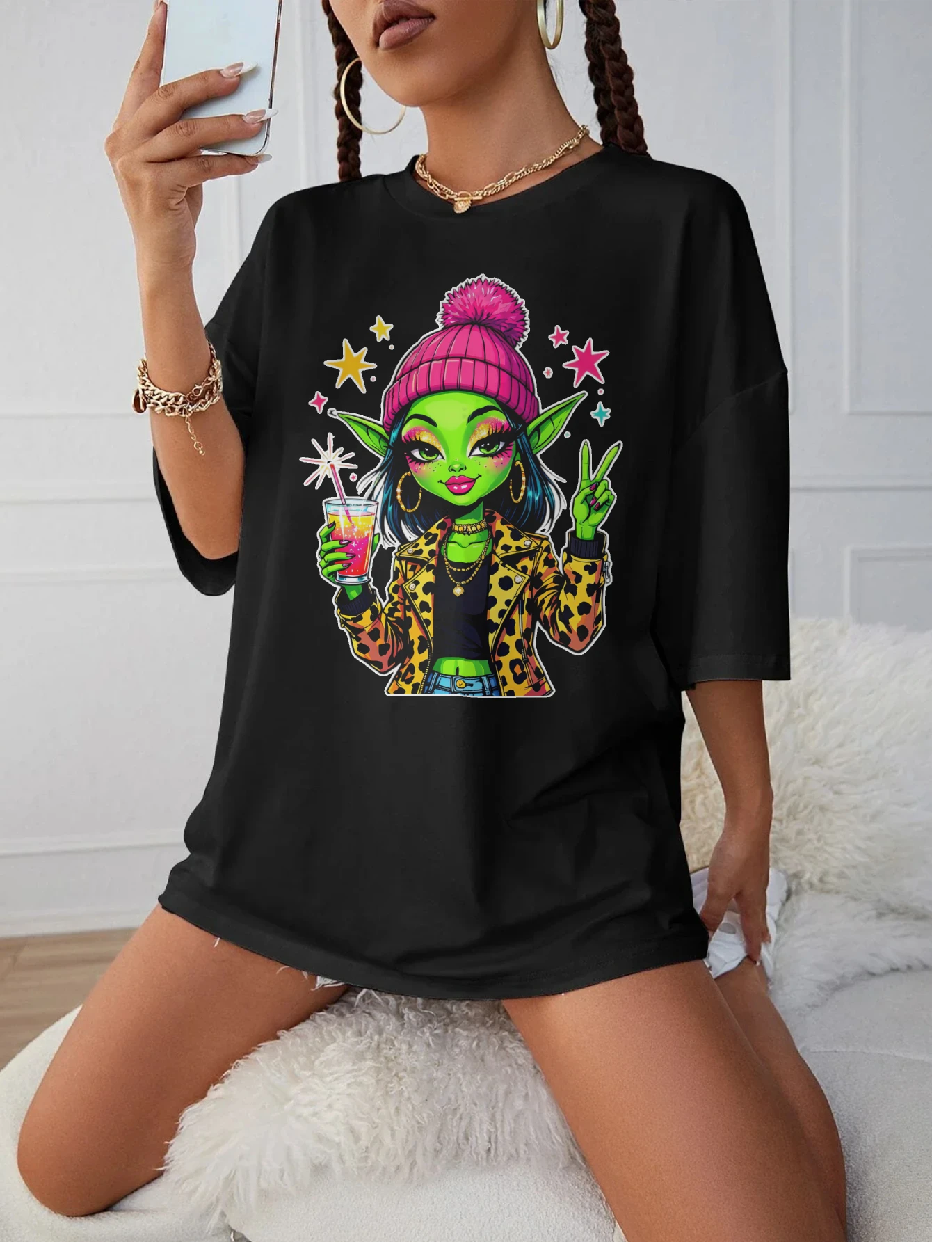 Летняя футболка для беременных Peace-Alien-Girl-Leopard, женская черная футболка свободного покроя с круглым вырезом идеально подходит для поздней беременности
Летняя футболка для беременных Peace-Alien-Girl-Leopard, женская черная футболка свободного покроя с круглым вырезом идеально подходит для поздней беременности