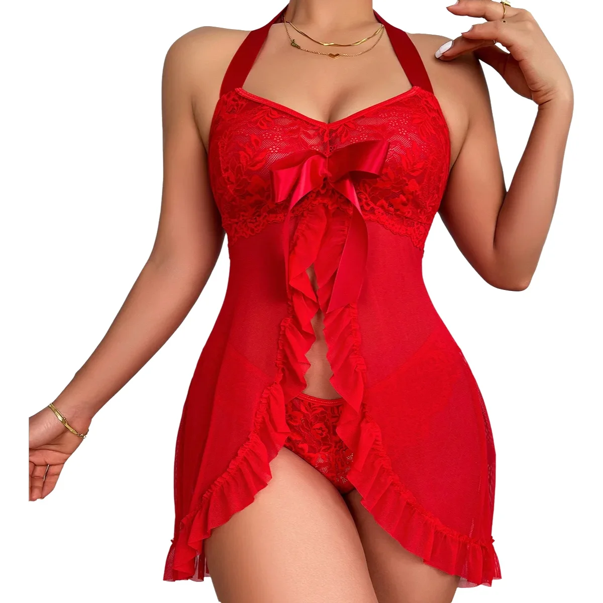 Floral Lace Split Sexy Babydoll Semi-sheer Deep V Bow Ruffle Dress Panties Underwear Sets Women Erotic Lingerie Nightgown R28K
Floral Lace Split Sexy Babydoll Semi-sheer Deep V Bow Ruffle Dress Panties Underwear Sets Women Erotic Lingerie Nightgown R28K