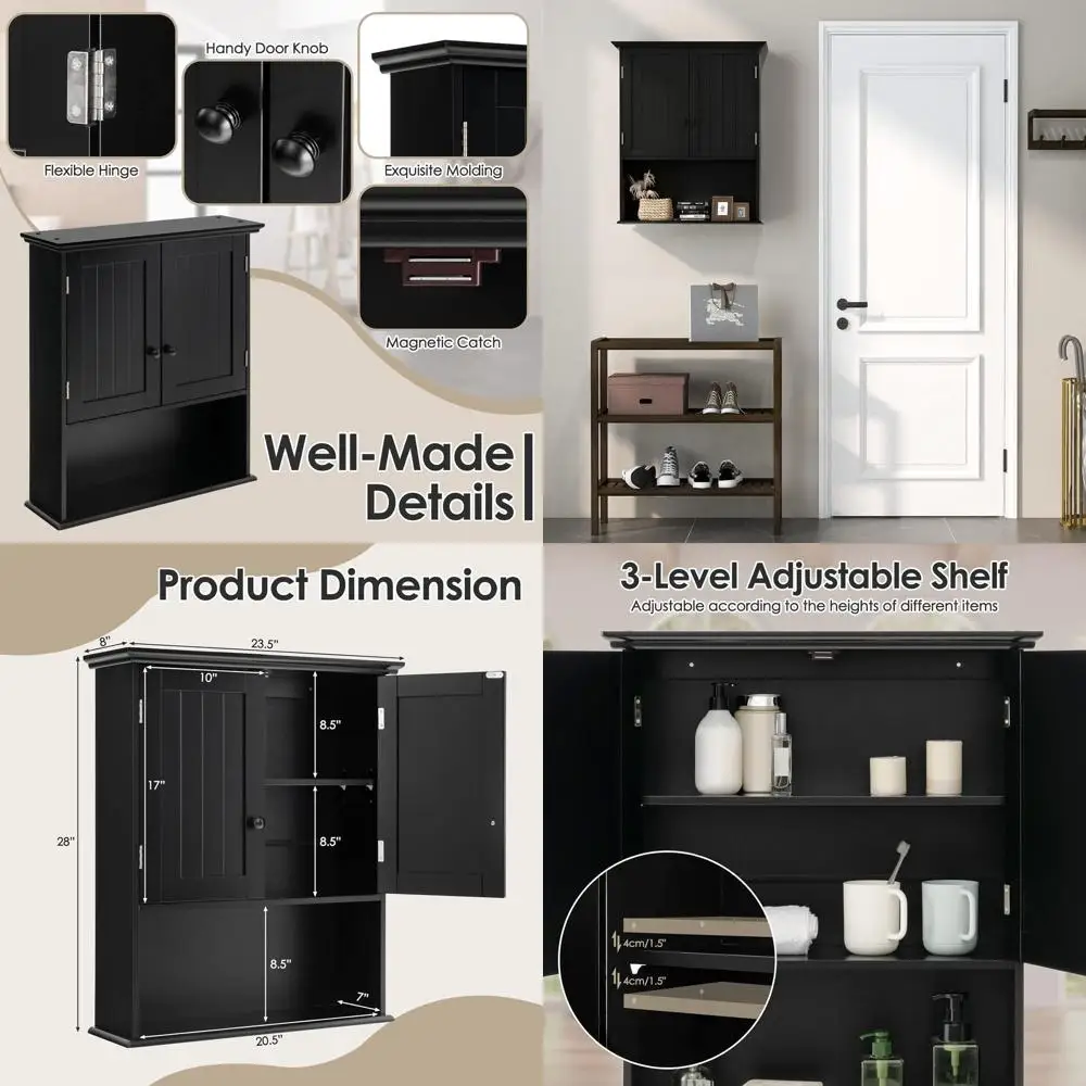 Black Wooden Wall-Mounted Medicine Cabinet with 2 Doors and 1 Shelf for Bathroom Storage
Black Wooden Wall-Mounted Medicine Cabinet with 2 Doors and 1 Shelf for Bathroom Storage