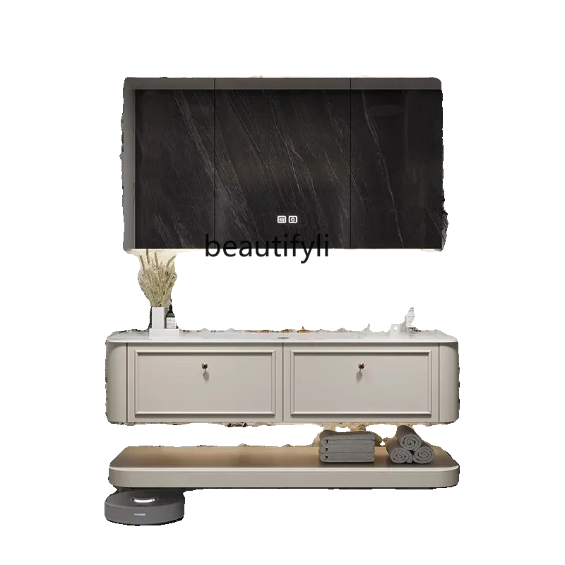 French light luxury bathroom cabinet combination oak sink, rock slab seamless integrated sink
French light luxury bathroom cabinet combination oak sink, rock slab seamless integrated sink