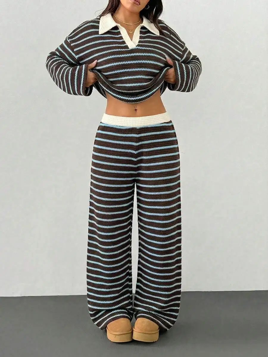 Womens 2 Piece Striped V-Neck Drop Shoulder Long Sleeve Sweater Set With Elastic Waist Wide Leg Pants Casual Lounge Set
Womens 2 Piece Striped V-Neck Drop Shoulder Long Sleeve Sweater Set With Elastic Waist Wide Leg Pants Casual Lounge Set