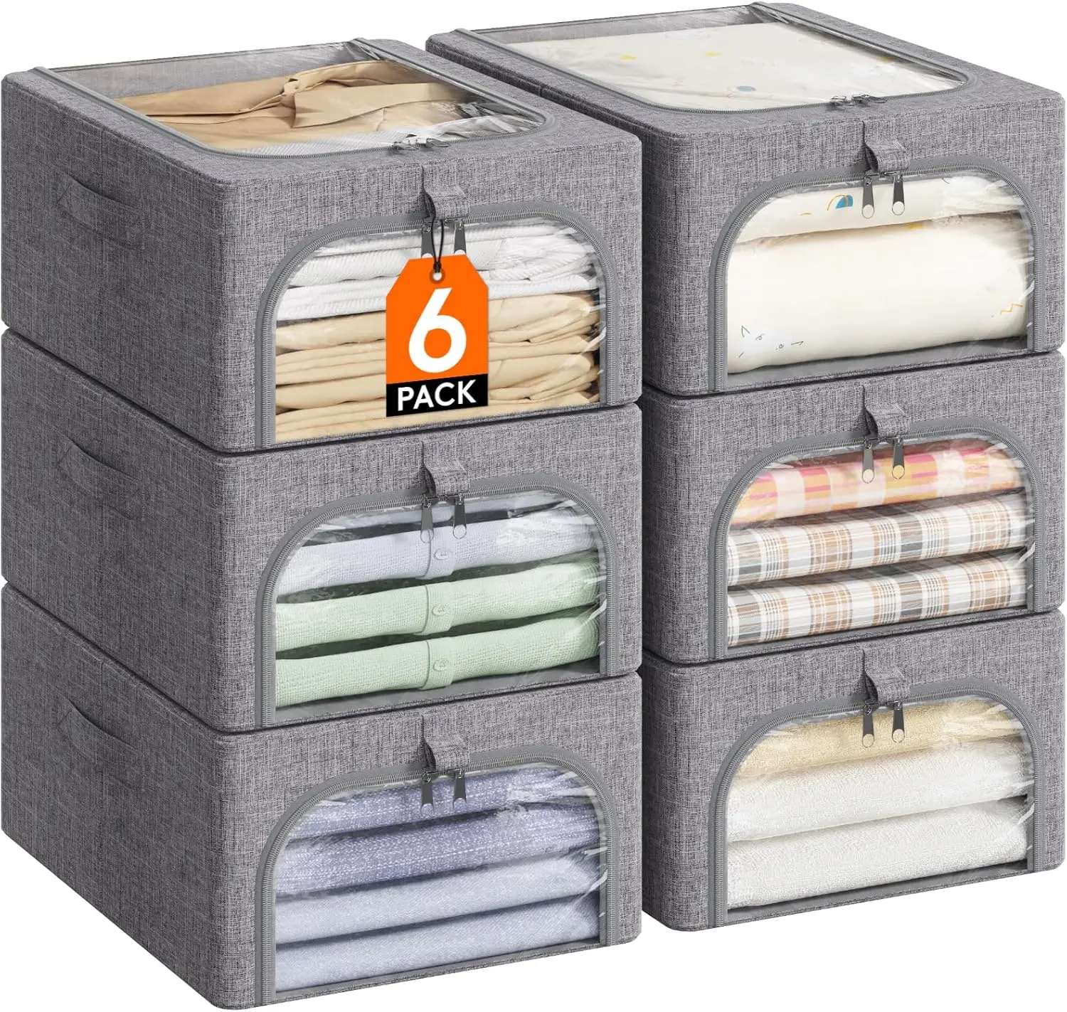 Clothes Storage Bins with Metal Frame 6 Pack, Stackable Fabric Bags with Lids and Zipper for Clothing, Blanket, Winter Clothes
Clothes Storage Bins with Metal Frame 6 Pack, Stackable Fabric Bags with Lids and Zipper for Clothing, Blanket, Winter Clothes