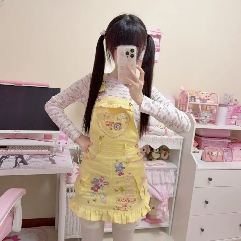 Women Cute Two Piece Set Printed Long Sleeve Shirt and Ruffle Hem Bib Dress Bear Patch Yellow Slim Fit Suit Kawaii Style Outfit
Women Cute Two Piece Set Printed Long Sleeve Shirt and Ruffle Hem Bib Dress Bear Patch Yellow Slim Fit Suit Kawaii Style Outfit