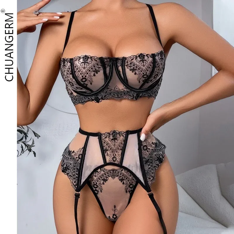 CHUANGERM Sexy Floral Embroidery Lingerie Sets Garter Belt for Women Mesh See Through Sexy Hollow Out Bra Kit Erotic Underwear
CHUANGERM Sexy Floral Embroidery Lingerie Sets Garter Belt for Women Mesh See Through Sexy Hollow Out Bra Kit Erotic Underwear