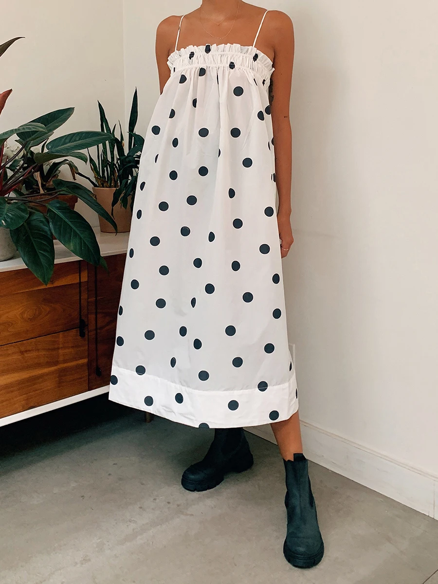 Women's Spaghetti Strap Dress Loose Fit Stylish Dot Print Ruffled Trim Sleeveless Long Dress for Summer
Women's Spaghetti Strap Dress Loose Fit Stylish Dot Print Ruffled Trim Sleeveless Long Dress for Summer