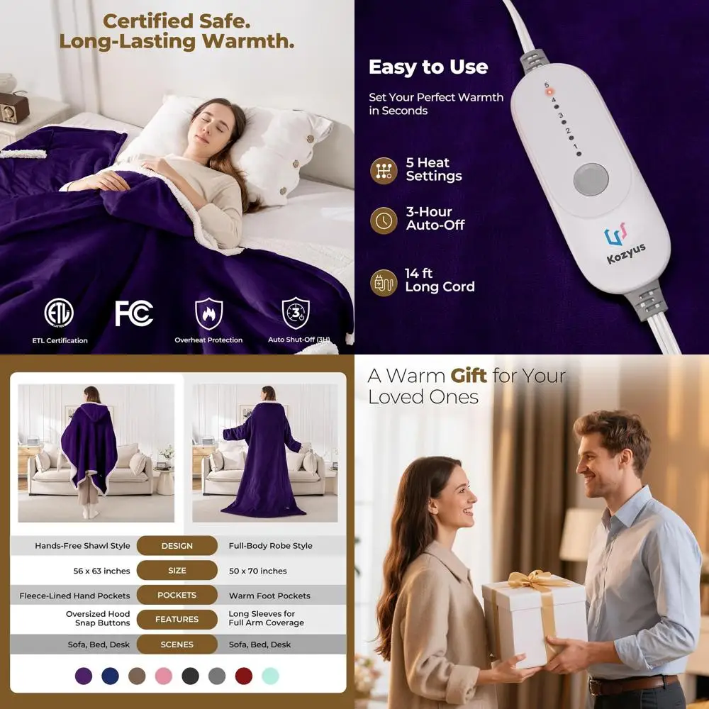 Плед с подогревом, капюшоном и карманами, 5 режимов, автоматическое отключение, моющийся, сертифицированный, унисекс, фиолетовый
Плед с подогревом, капюшоном и карманами, 5 режимов, автоматическое отключение, моющийся, сертифицированный, унисекс, фиолетовый