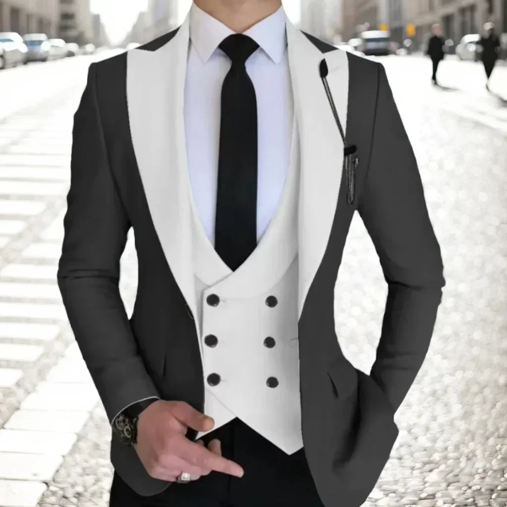 Elegant 3-Piece Slim Fit Men's Tuxedo Suit Set with Classic Peaked Lapel Blazer Vest And Pants for Wedding Formal Occasions
Elegant 3-Piece Slim Fit Men's Tuxedo Suit Set with Classic Peaked Lapel Blazer Vest And Pants for Wedding Formal Occasions