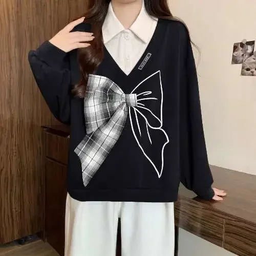 Fake Two-piece Bow-long Sleeve Sweatshirt for Women in Early Autumn Slimming Versatile Top
Fake Two-piece Bow-long Sleeve Sweatshirt for Women in Early Autumn Slimming Versatile Top