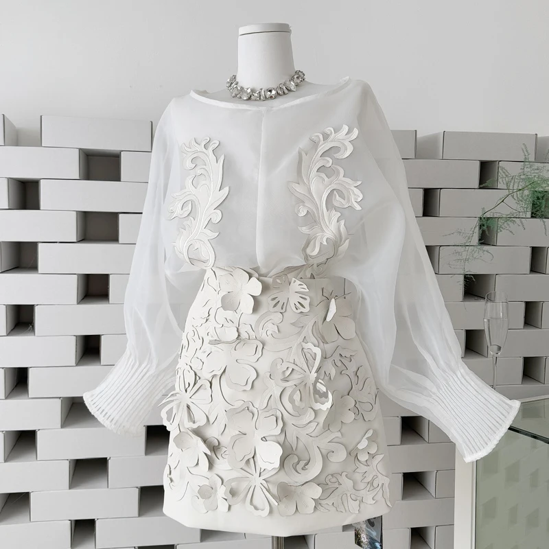 Two-piece Skirt Suits Perspective Organza Long Sleeve Blouse Korean Fashion Flower Mini Skirt Elegant Casual Short Skirts Female
Two-piece Skirt Suits Perspective Organza Long Sleeve Blouse Korean Fashion Flower Mini Skirt Elegant Casual Short Skirts Female