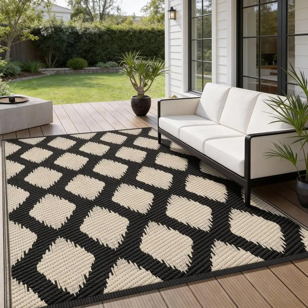 Reversible Outdoor Rug - Waterproof Plastic Mat for Patios, Porches, Decks, RVs, Balcony, Picnic, Beach - Black & Beige
Reversible Outdoor Rug - Waterproof Plastic Mat for Patios, Porches, Decks, RVs, Balcony, Picnic, Beach - Black & Beige